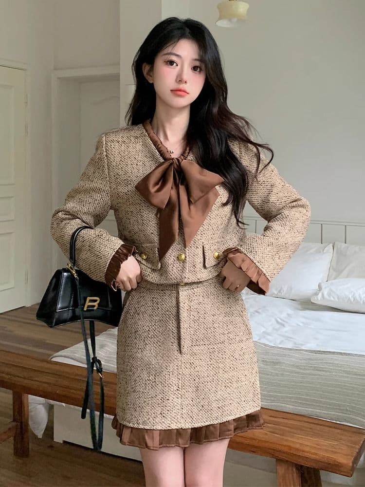 봄 가을 새로운 패션 작은 샤넬 스타일 세트 드레스 여성 외국 가스 나비 매듭 짧은 외투 반신 스커트 투피스 세트