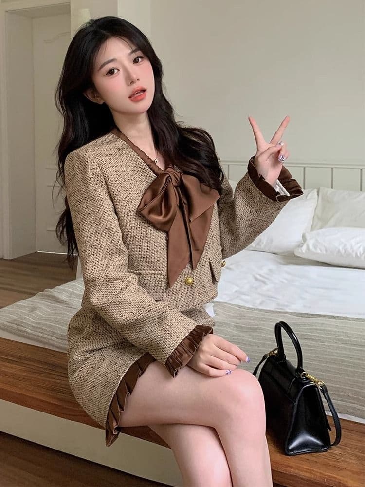 봄 가을 새로운 패션 작은 샤넬 스타일 세트 드레스 여성 외국 가스 나비 매듭 짧은 외투 반신 스커트 투피스 세트 이미지 4