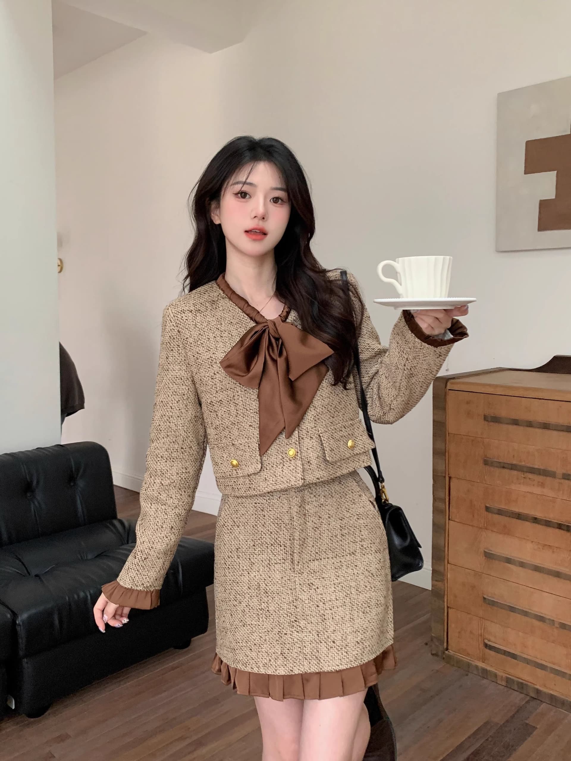 봄 가을 새로운 패션 작은 샤넬 스타일 세트 드레스 여성 외국 가스 나비 매듭 짧은 외투 반신 스커트 투피스 세트 상세 이미지 2