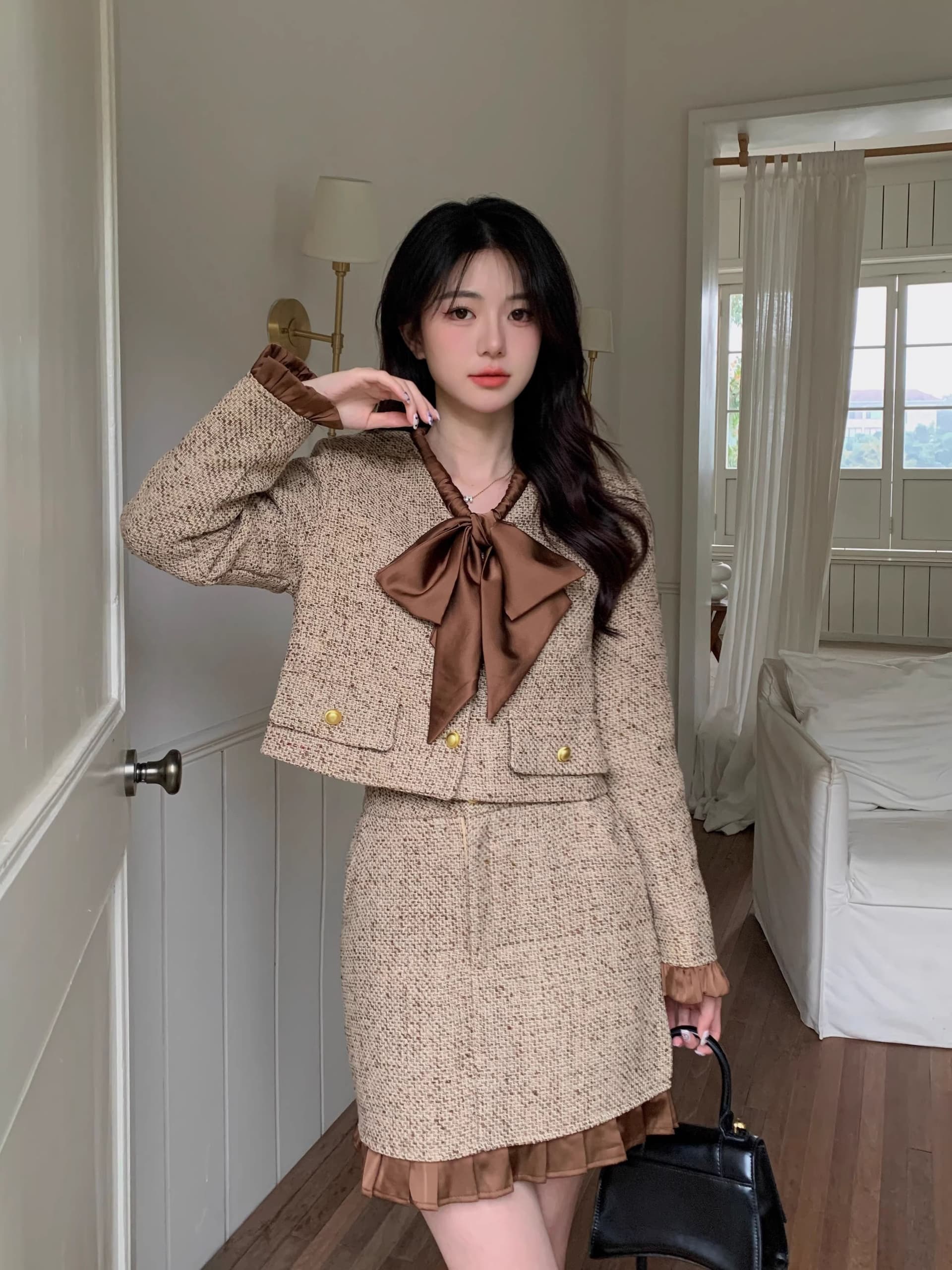 봄 가을 새로운 패션 작은 샤넬 스타일 세트 드레스 여성 외국 가스 나비 매듭 짧은 외투 반신 스커트 투피스 세트 상세 이미지 9