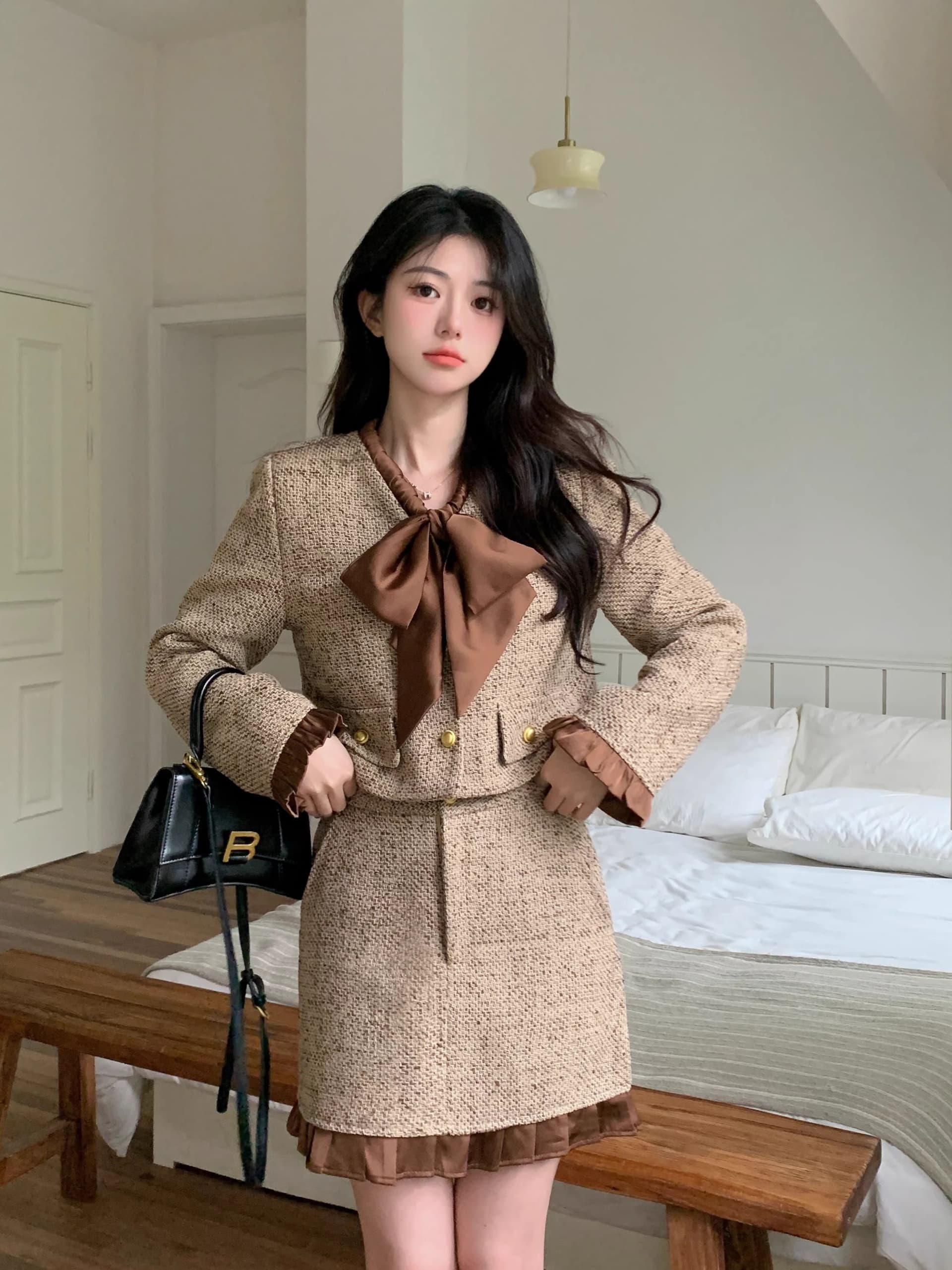봄 가을 새로운 패션 작은 샤넬 스타일 세트 드레스 여성 외국 가스 나비 매듭 짧은 외투 반신 스커트 투피스 세트 상세 이미지 12