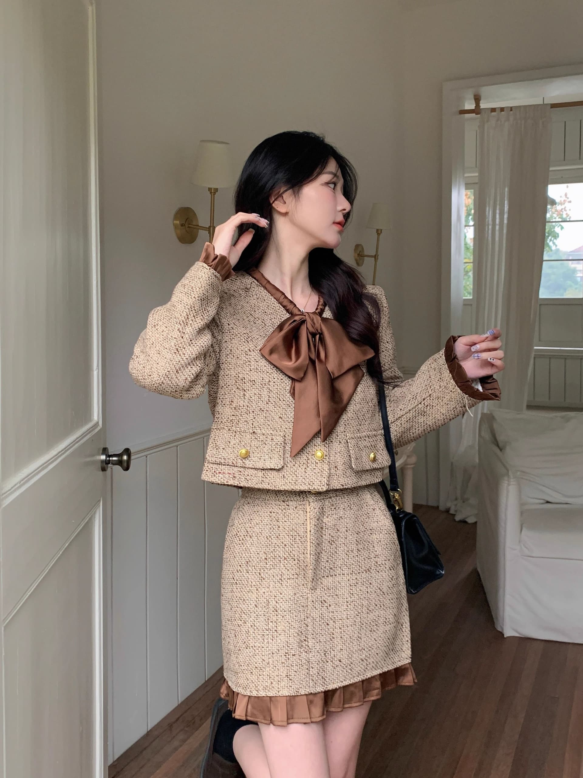 봄 가을 새로운 패션 작은 샤넬 스타일 세트 드레스 여성 외국 가스 나비 매듭 짧은 외투 반신 스커트 투피스 세트 상세 이미지 13