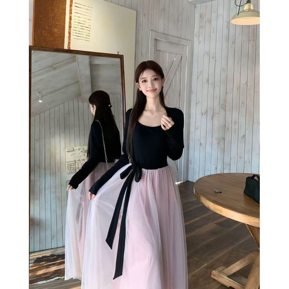 프랑스식 부드러운 바람 드레스 배색 패치워크 생일 치마 아이들 가을 겨울철 품격 레이스업 허리 수축 망사 롱 스커트