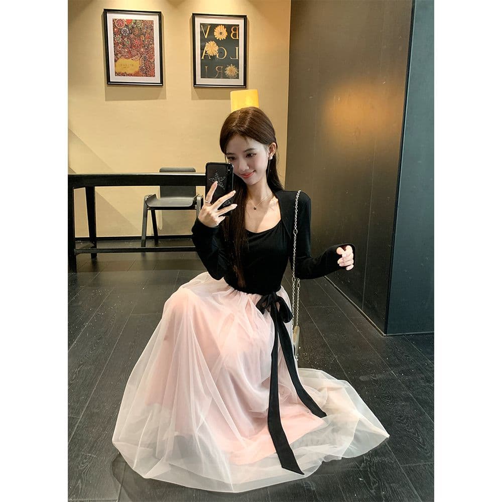프랑스식 부드러운 바람 드레스 배색 패치워크 생일 치마 아이들 가을 겨울철 품격 레이스업 허리 수축 망사 롱 스커트 이미지 2