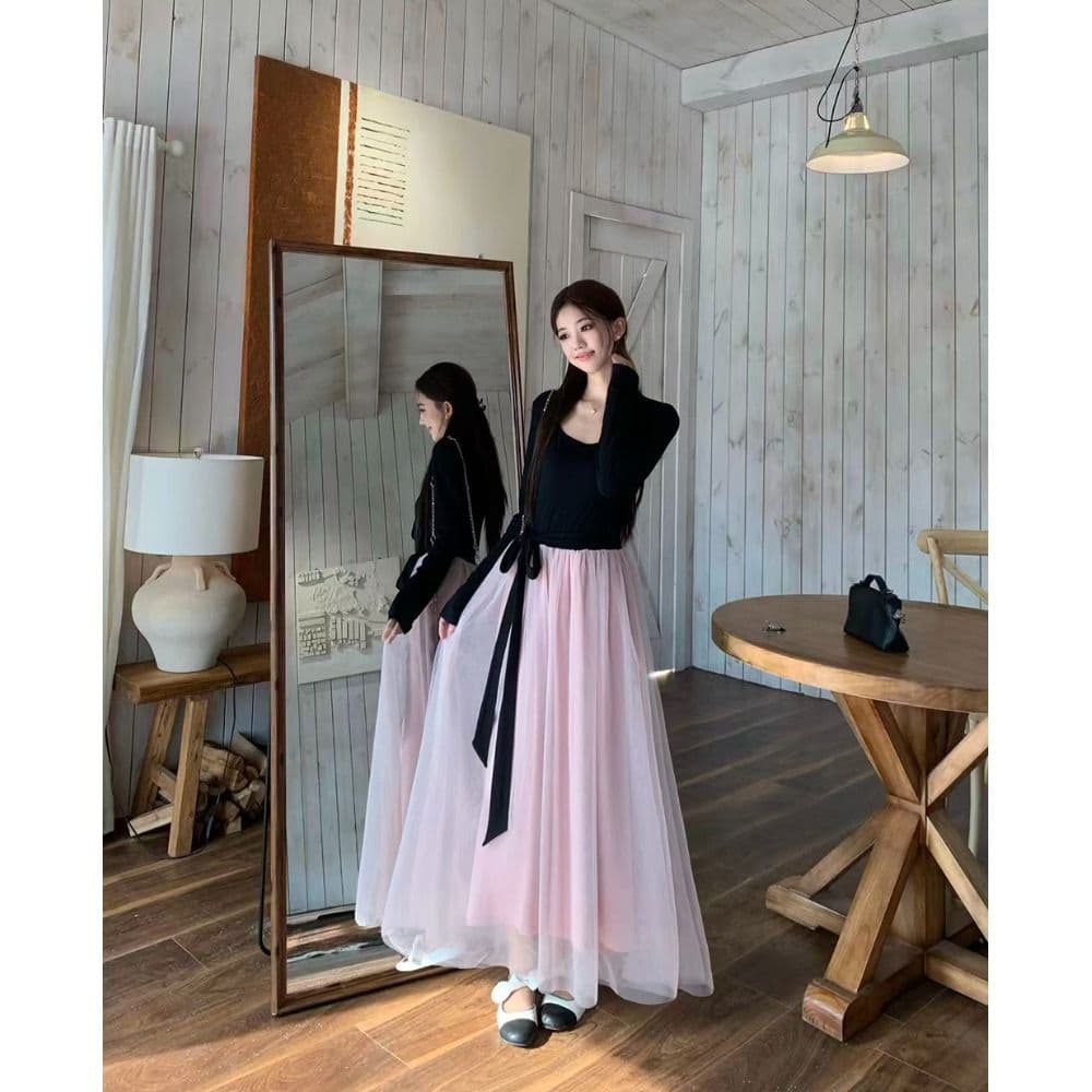 프랑스식 부드러운 바람 드레스 배색 패치워크 생일 치마 아이들 가을 겨울철 품격 레이스업 허리 수축 망사 롱 스커트 이미지 4