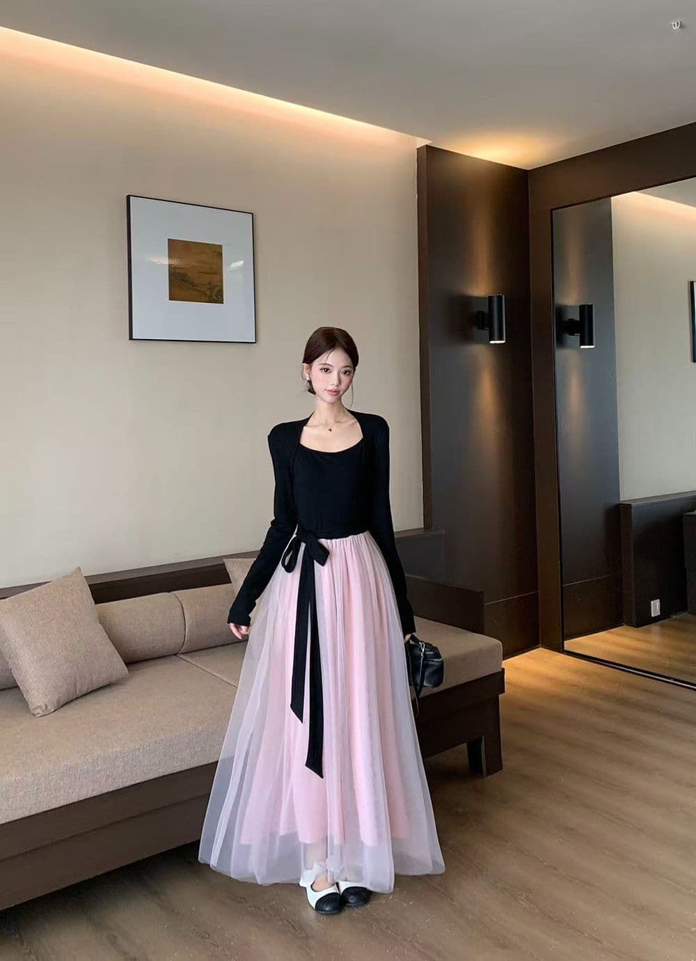 프랑스식 부드러운 바람 드레스 배색 패치워크 생일 치마 아이들 가을 겨울철 품격 레이스업 허리 수축 망사 롱 스커트 상세 이미지 4