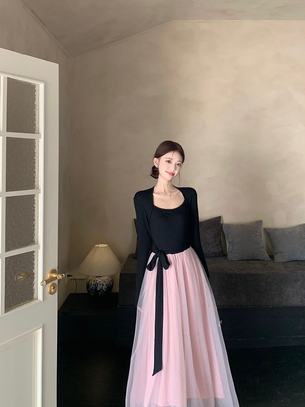 프랑스식 부드러운 바람 드레스 배색 패치워크 생일 치마 아이들 가을 겨울철 품격 레이스업 허리 수축 망사 롱 스커트 상세 이미지 7