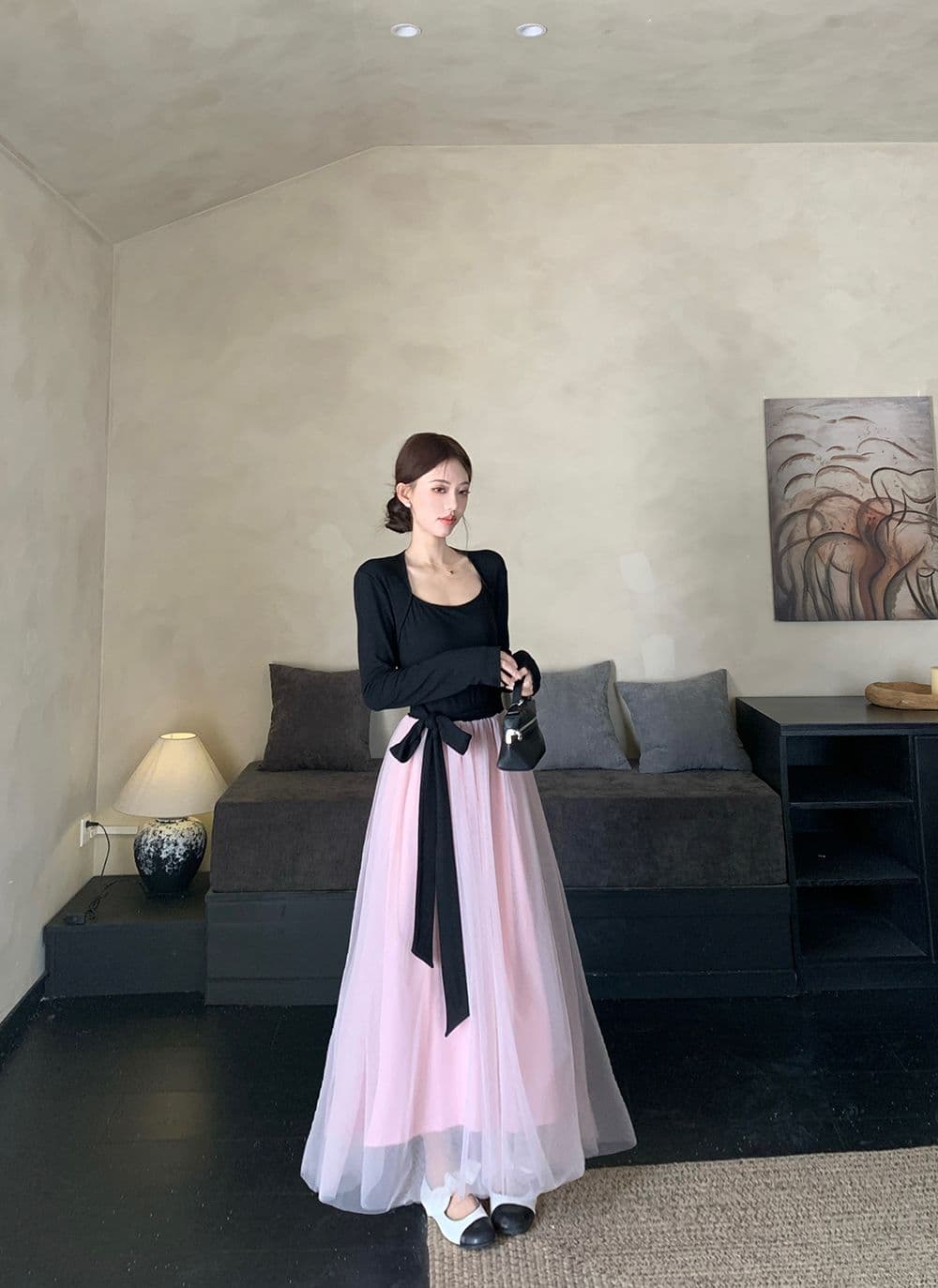 프랑스식 부드러운 바람 드레스 배색 패치워크 생일 치마 아이들 가을 겨울철 품격 레이스업 허리 수축 망사 롱 스커트 상세 이미지 8