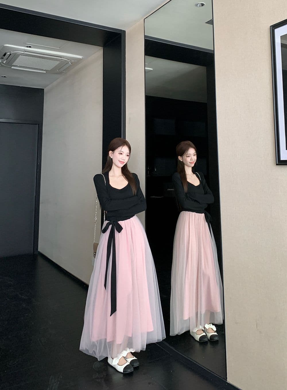 프랑스식 부드러운 바람 드레스 배색 패치워크 생일 치마 아이들 가을 겨울철 품격 레이스업 허리 수축 망사 롱 스커트 상세 이미지 10