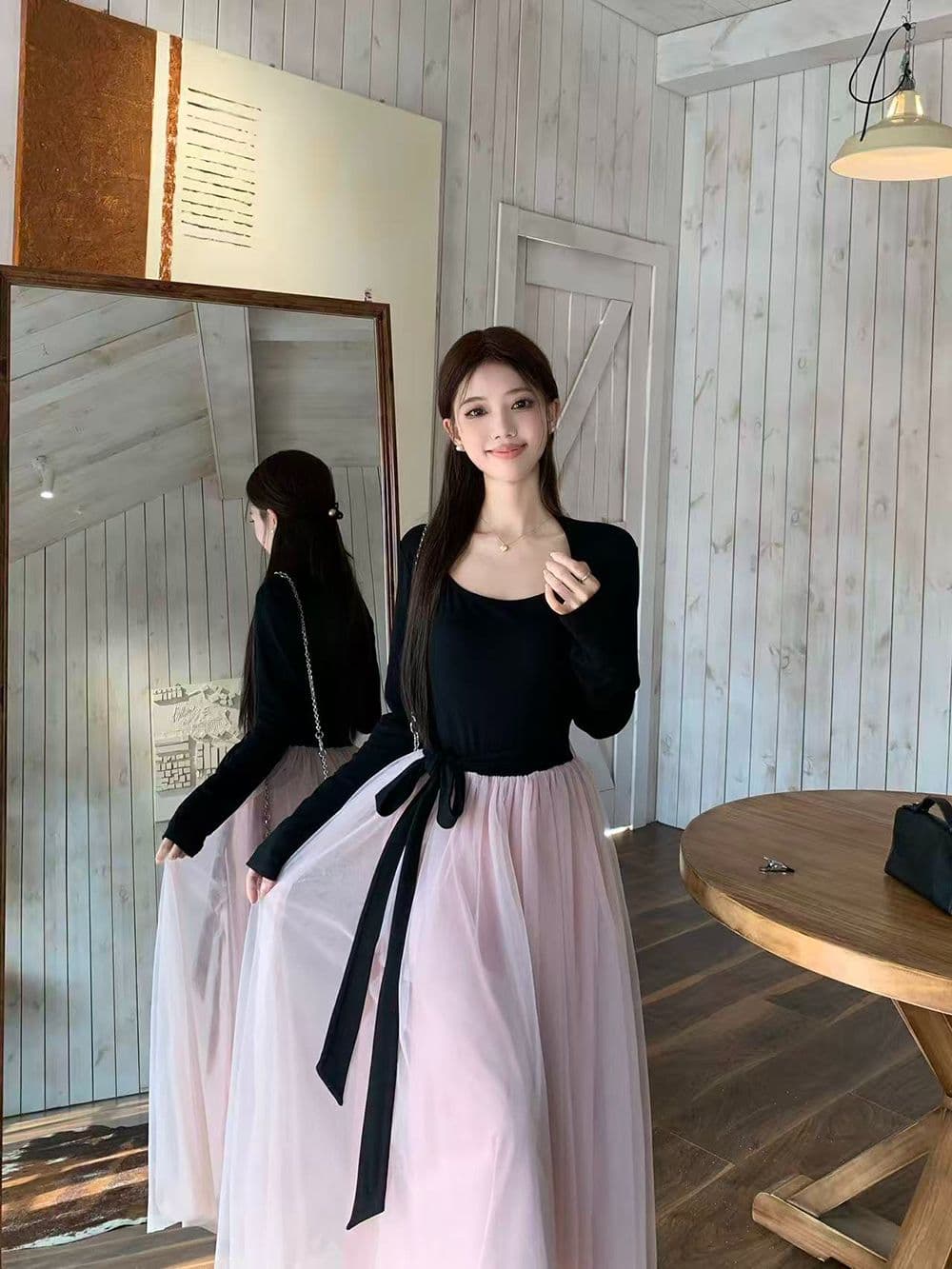 프랑스식 부드러운 바람 드레스 배색 패치워크 생일 치마 아이들 가을 겨울철 품격 레이스업 허리 수축 망사 롱 스커트 상세 이미지 12