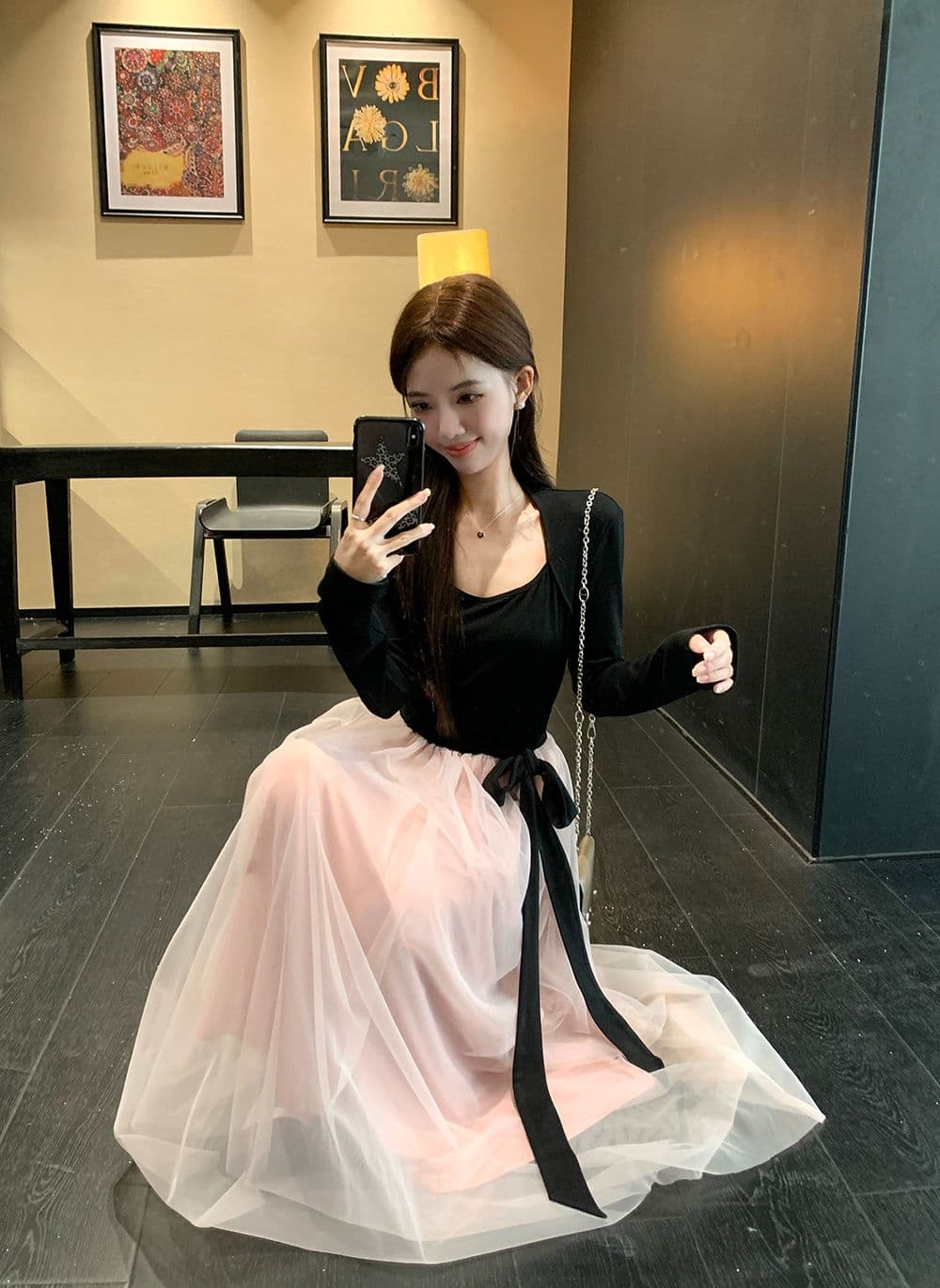 프랑스식 부드러운 바람 드레스 배색 패치워크 생일 치마 아이들 가을 겨울철 품격 레이스업 허리 수축 망사 롱 스커트 상세 이미지 15