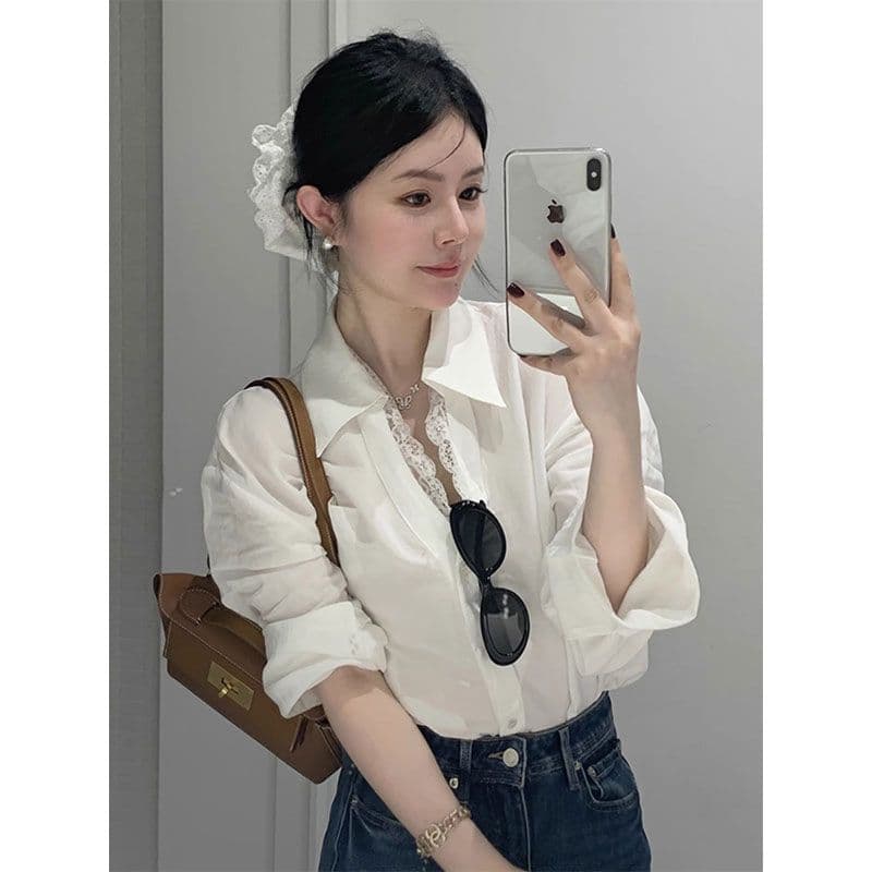 모방 주간 실크 원단 레이스 레이스 하나 레이스 긴팔 폴로 칼라 디자인 센스 화이트 셔츠 높음 지혜 바람 맨위