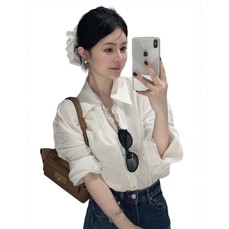모방 주간 실크 원단 레이스 레이스 하나 레이스 긴팔 폴로 칼라 디자인 센스 화이트 셔츠 높음 지혜 바람 맨위 이미지 5