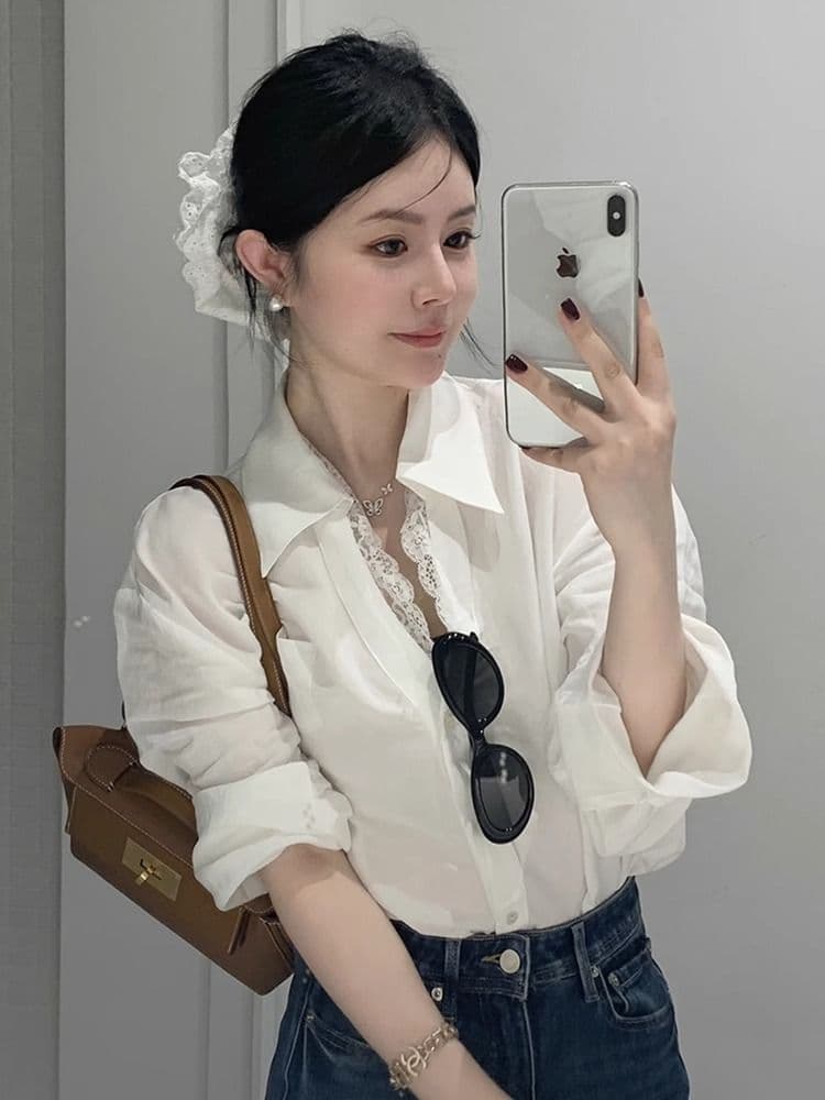 모방 주간 실크 원단 레이스 레이스 하나 레이스 긴팔 폴로 칼라 디자인 센스 화이트 셔츠 높음 지혜 바람 맨위 상세 이미지 2
