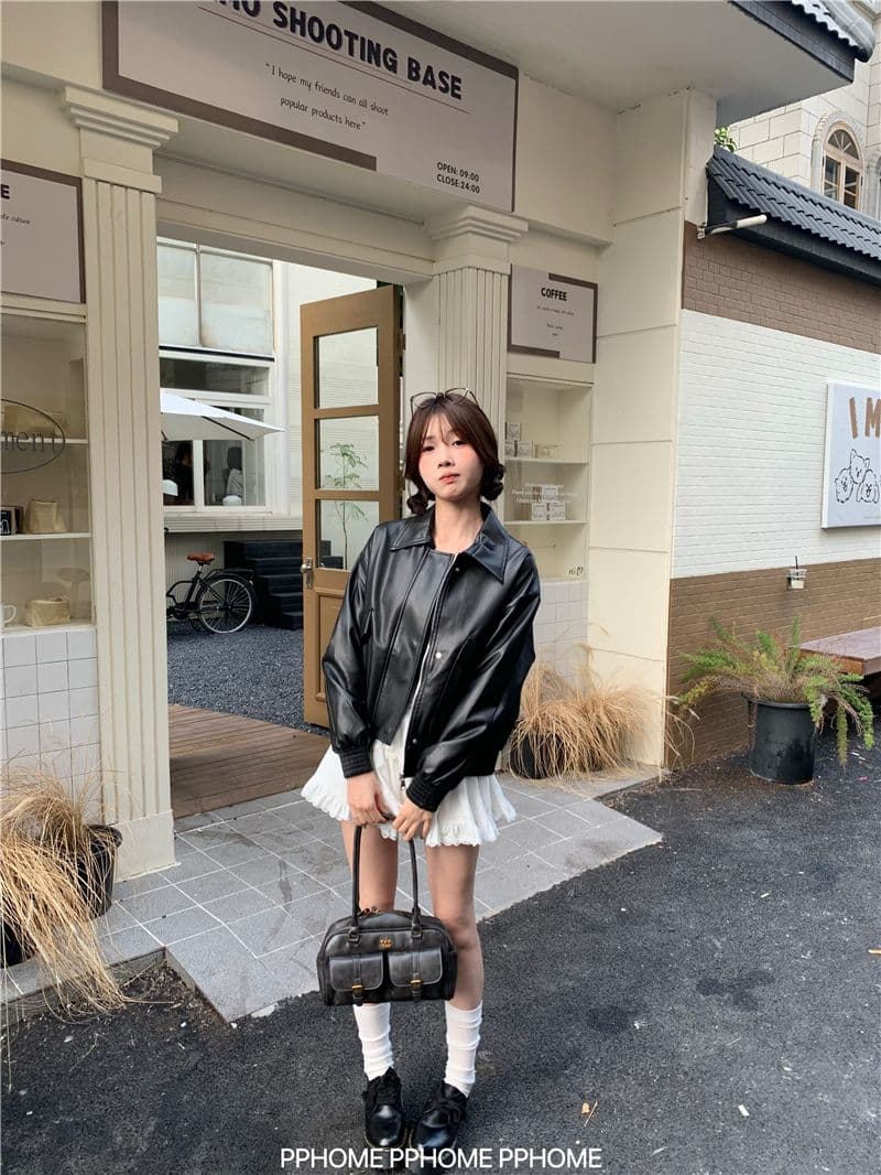 광야 아름다움 라드. 브라운 아메리칸 레트로 가죽 재킷 여성 코트 가을 겨울 2026 새로운 쇼트 스타일 오토바이 서비스 pu 재킷 상세 이미지 2
