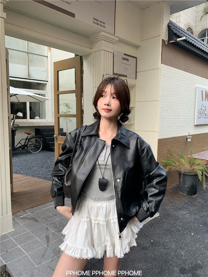 광야 아름다움 라드. 브라운 아메리칸 레트로 가죽 재킷 여성 코트 가을 겨울 2026 새로운 쇼트 스타일 오토바이 서비스 pu 재킷 상세 이미지 3
