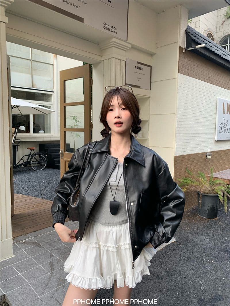 광야 아름다움 라드. 브라운 아메리칸 레트로 가죽 재킷 여성 코트 가을 겨울 2026 새로운 쇼트 스타일 오토바이 서비스 pu 재킷 상세 이미지 4