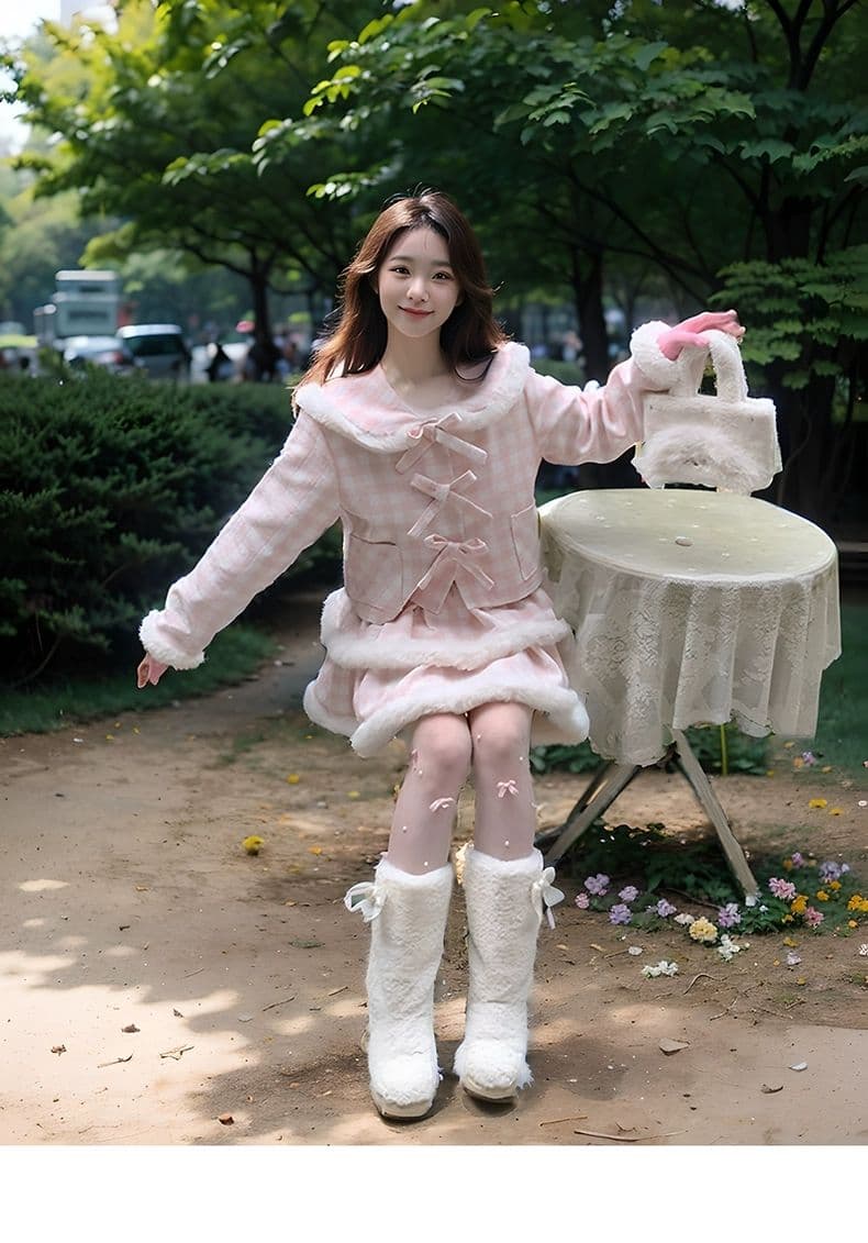학원 스타일 달콤함 귀여운 모직 세트 여성 가을 겨울철 고급 센스 핑크색 체크무늬 재킷 반신 스커트 투피스 세트 상세 이미지 7