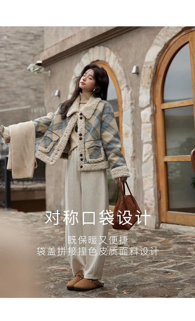 체크무늬 레트로 어린 양 재킷 체크무늬 가을 겨울 겨울 새로운 모직 루즈핏 두꺼운 모직 코트 상세 이미지 2