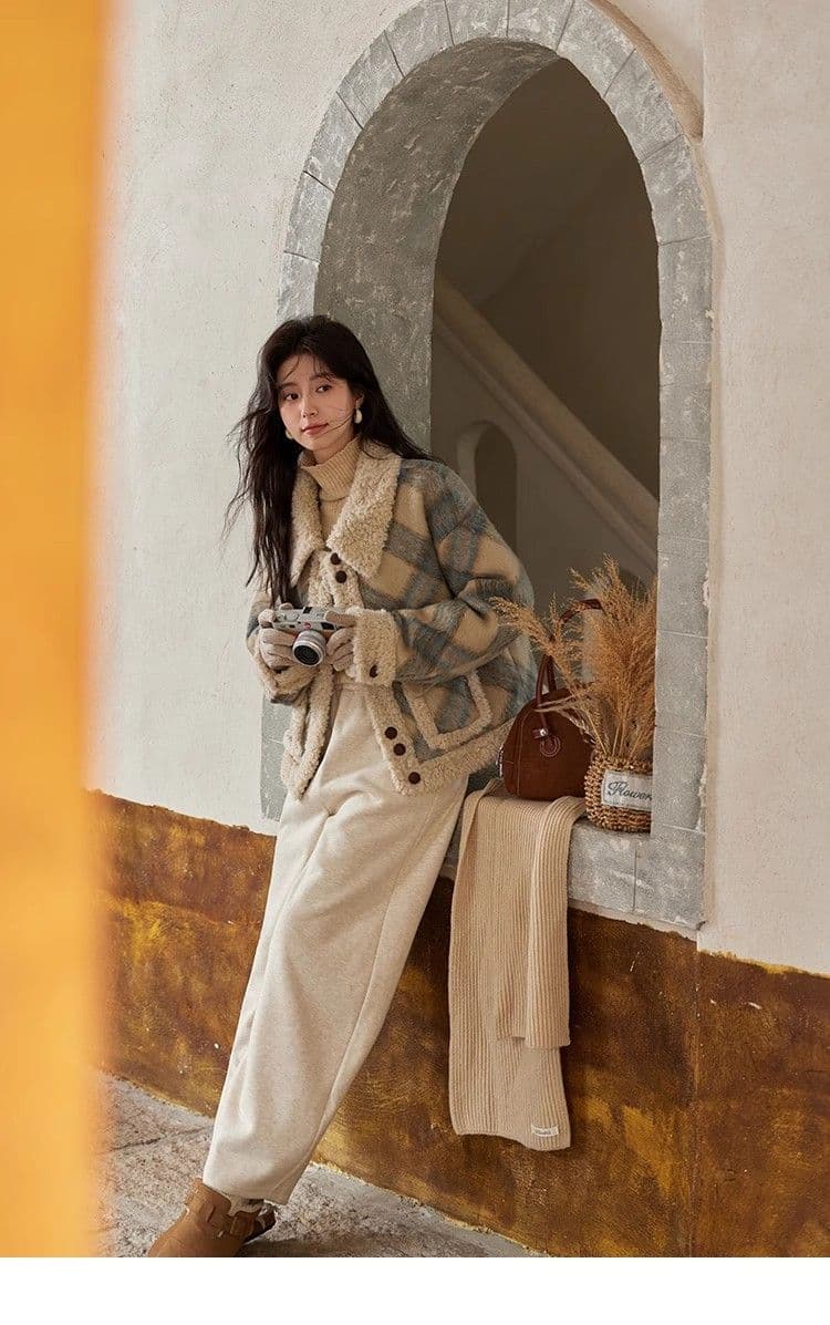 체크무늬 레트로 어린 양 재킷 체크무늬 가을 겨울 겨울 새로운 모직 루즈핏 두꺼운 모직 코트 상세 이미지 15