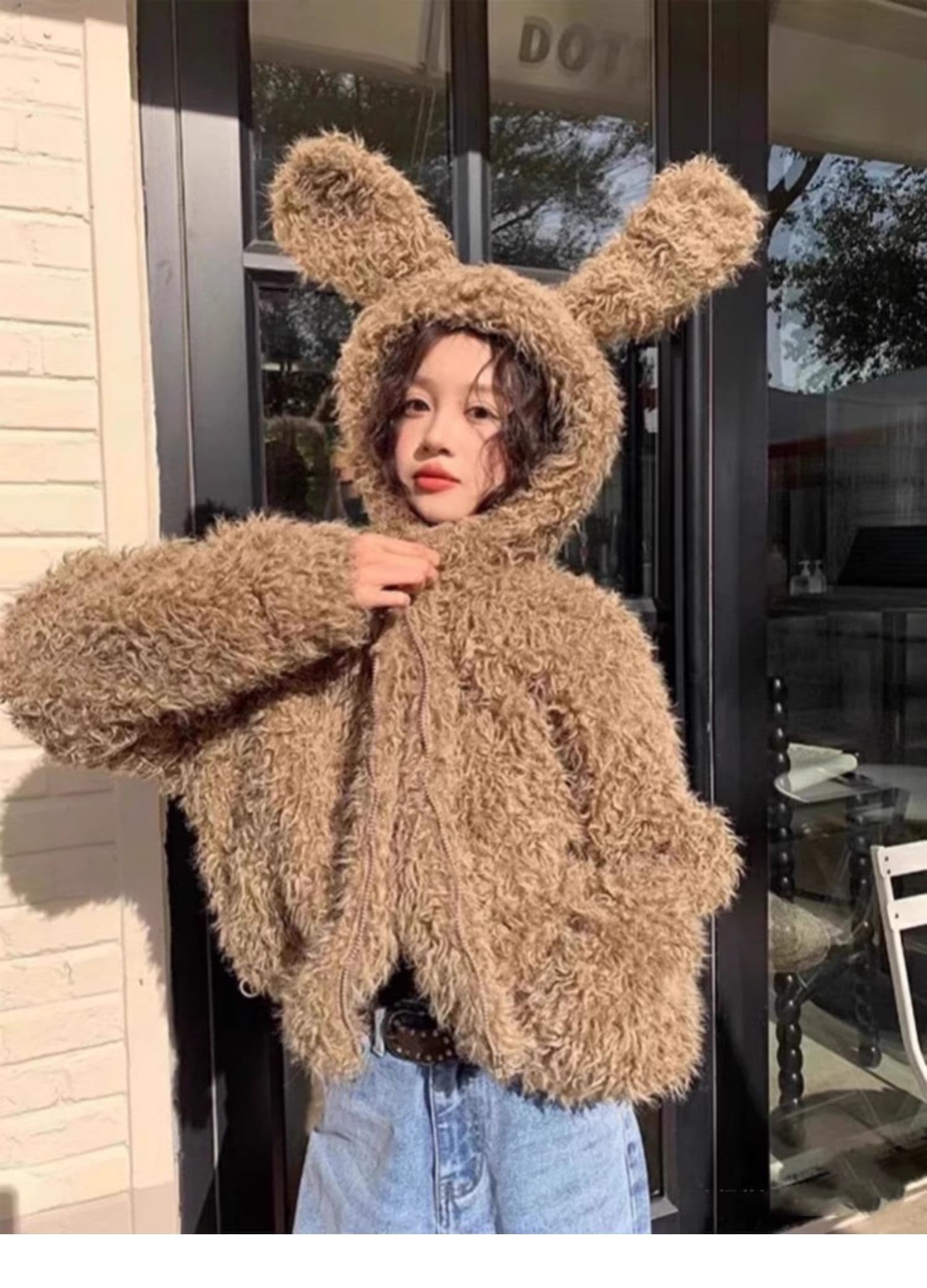 가을 겨울 새로운 토끼 귀 후드 모피 재킷 여성 짧은 두꺼운 느긋한 바람 환경 보호 양털 맨위 이미지 4