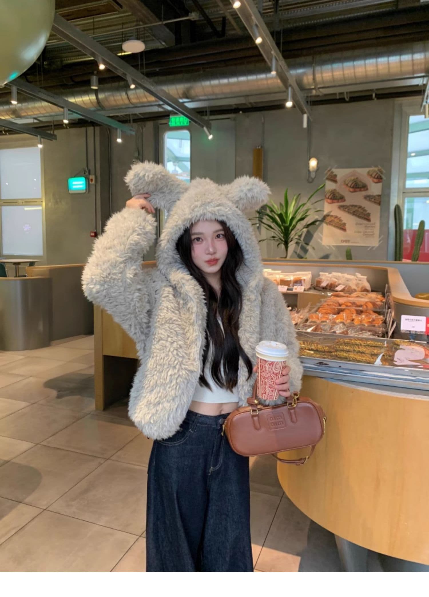 가을 겨울 새로운 토끼 귀 후드 모피 재킷 여성 짧은 두꺼운 느긋한 바람 환경 보호 양털 맨위 상세 이미지 4