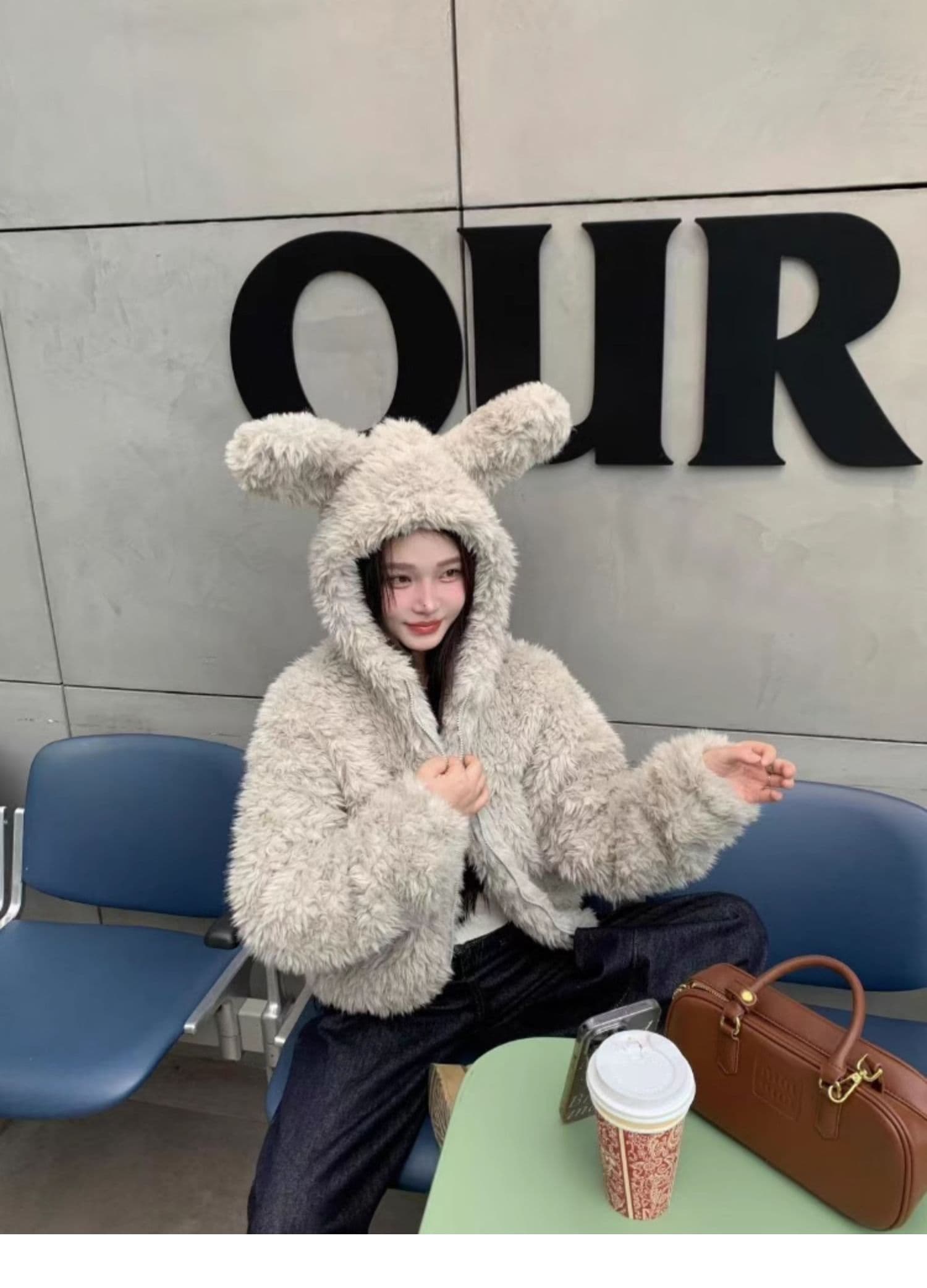가을 겨울 새로운 토끼 귀 후드 모피 재킷 여성 짧은 두꺼운 느긋한 바람 환경 보호 양털 맨위 상세 이미지 5