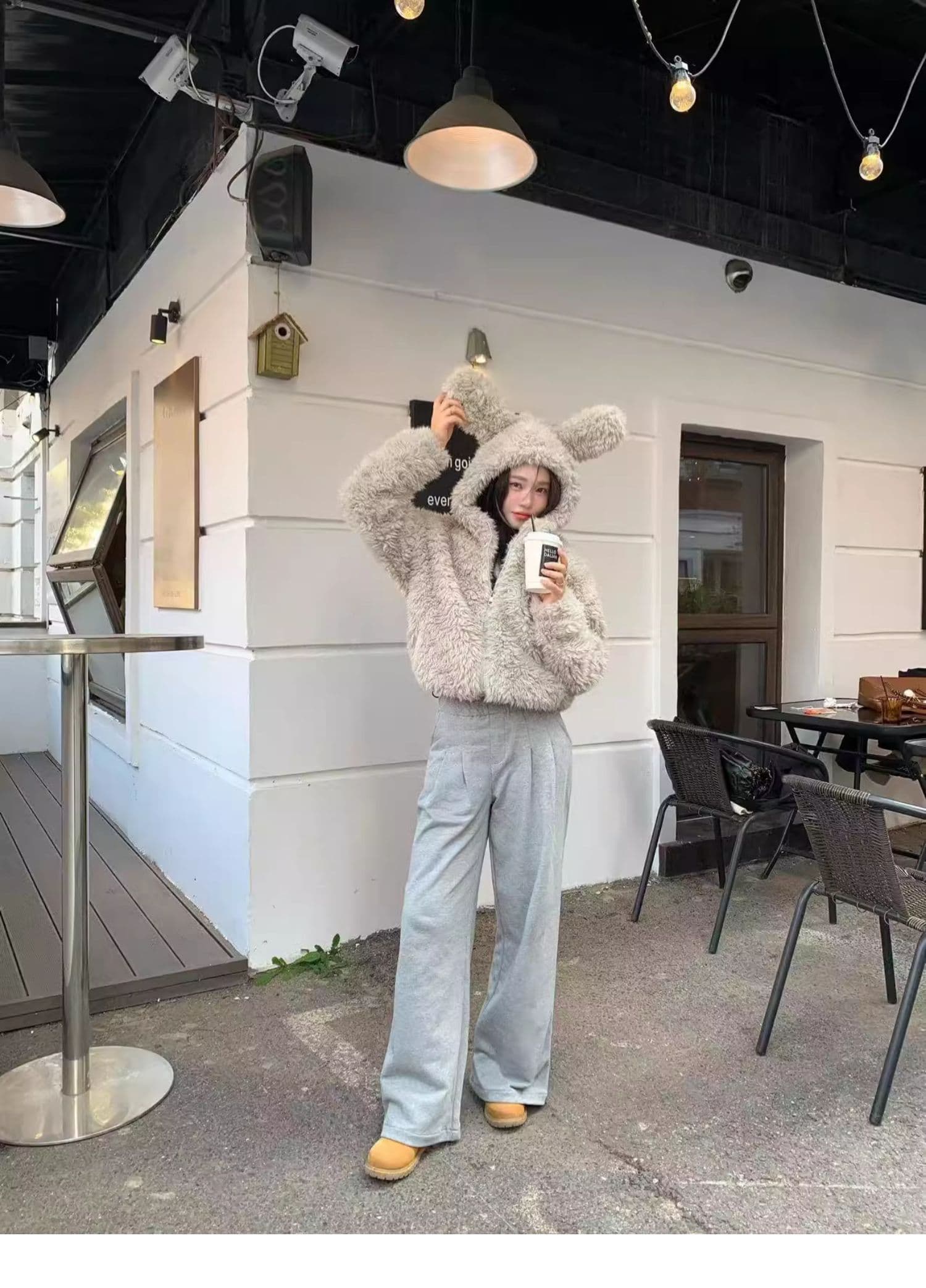 가을 겨울 새로운 토끼 귀 후드 모피 재킷 여성 짧은 두꺼운 느긋한 바람 환경 보호 양털 맨위 상세 이미지 6