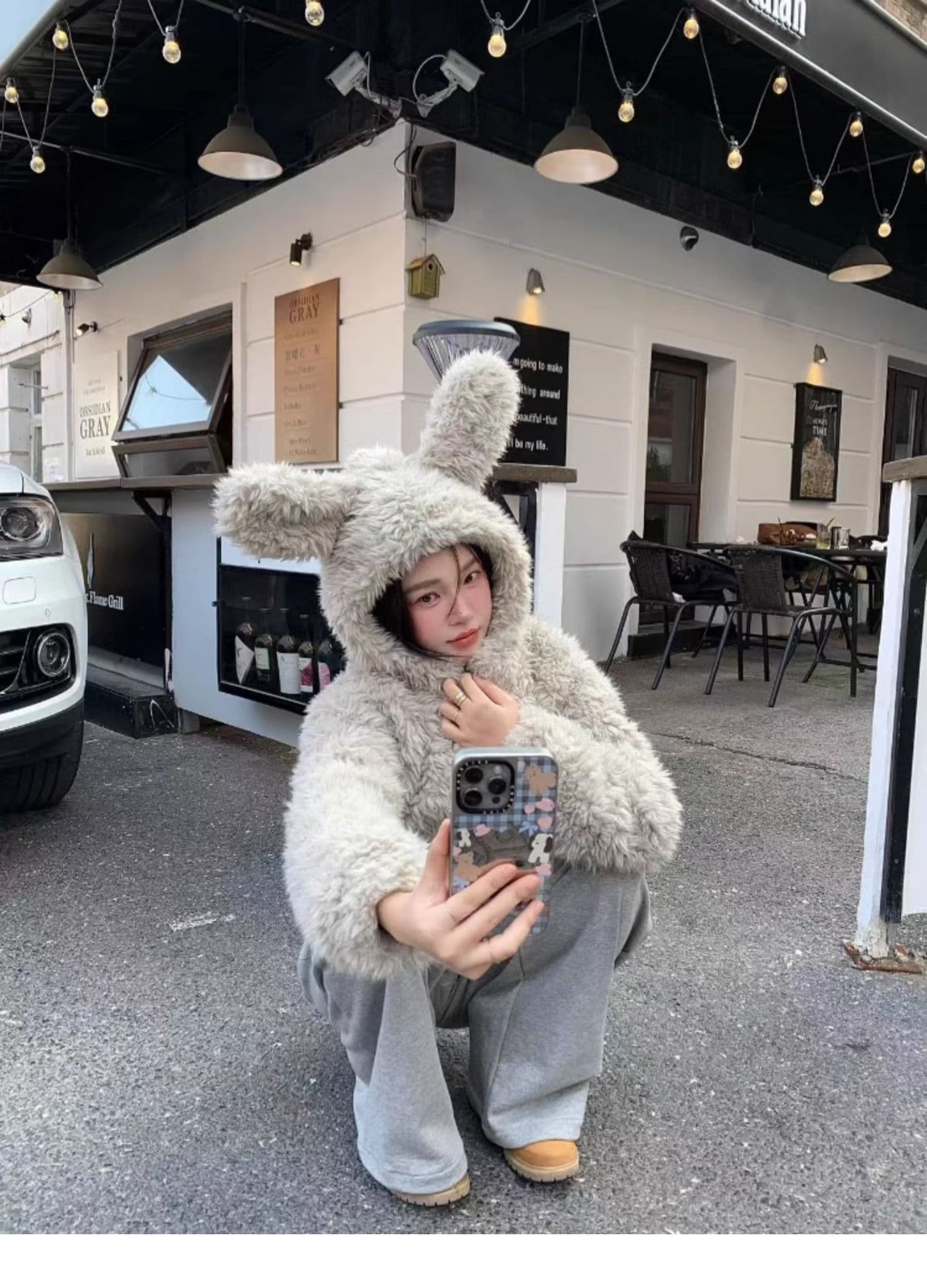 가을 겨울 새로운 토끼 귀 후드 모피 재킷 여성 짧은 두꺼운 느긋한 바람 환경 보호 양털 맨위 상세 이미지 7
