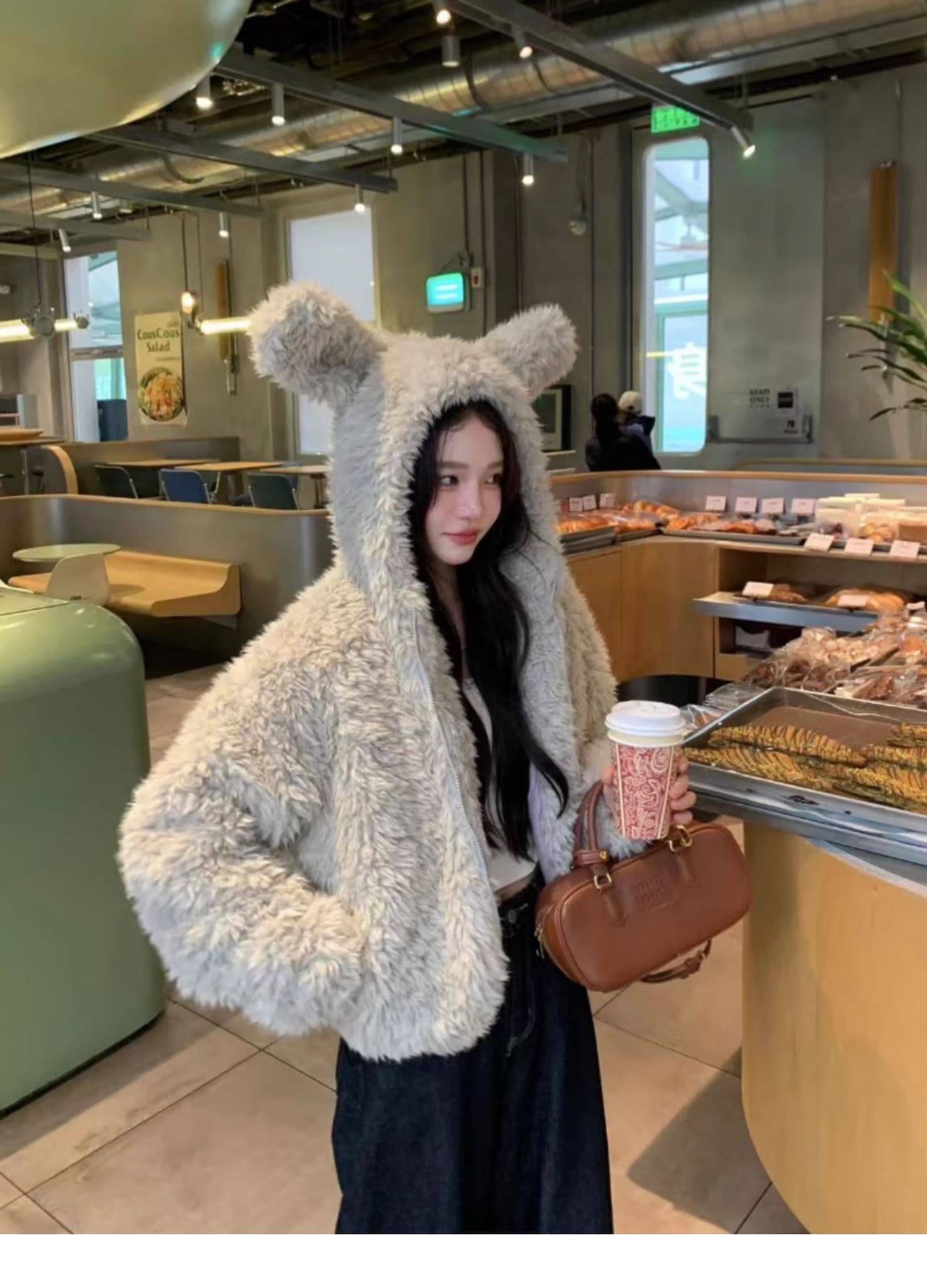가을 겨울 새로운 토끼 귀 후드 모피 재킷 여성 짧은 두꺼운 느긋한 바람 환경 보호 양털 맨위 상세 이미지 8
