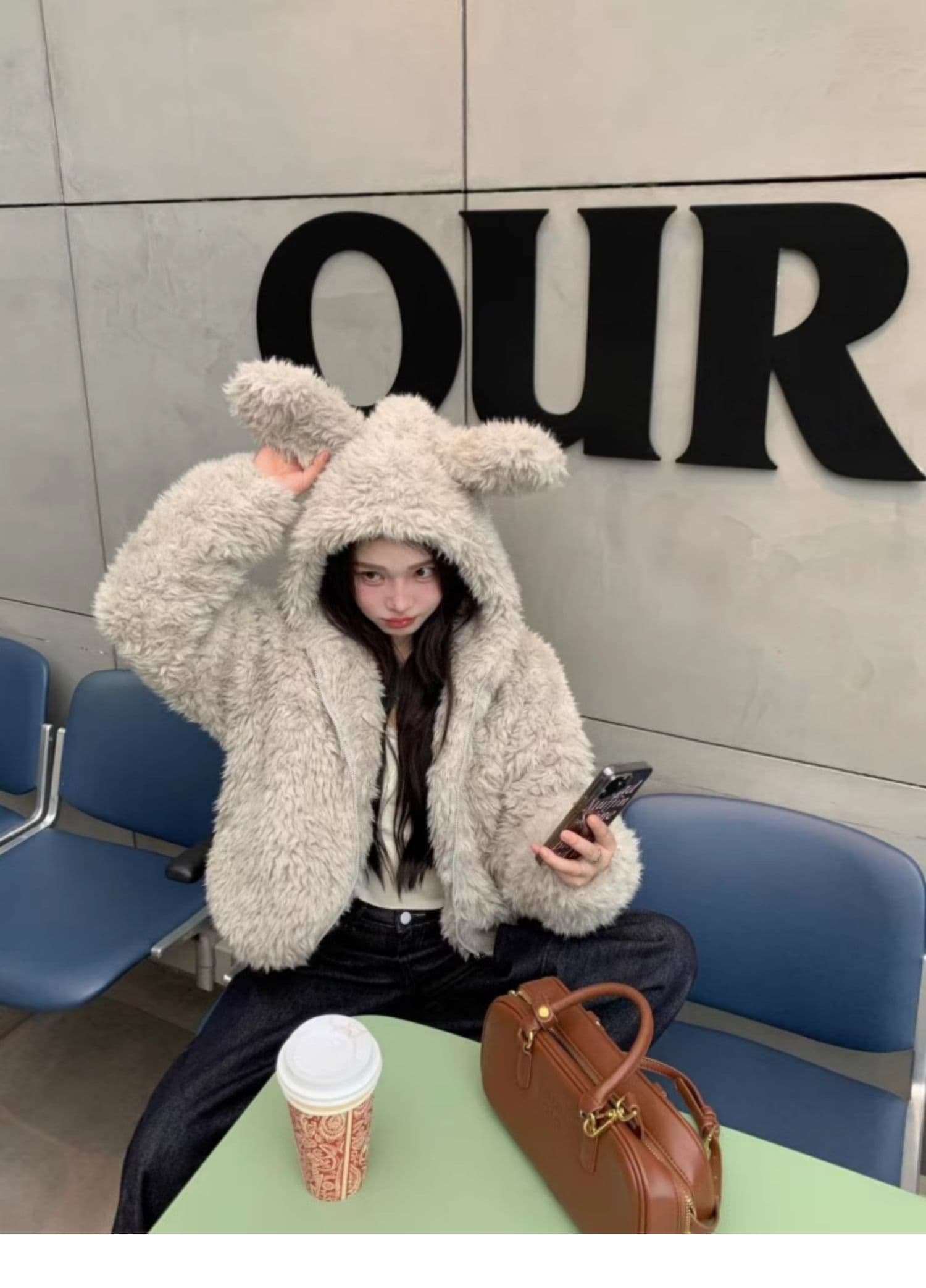 가을 겨울 새로운 토끼 귀 후드 모피 재킷 여성 짧은 두꺼운 느긋한 바람 환경 보호 양털 맨위 상세 이미지 9
