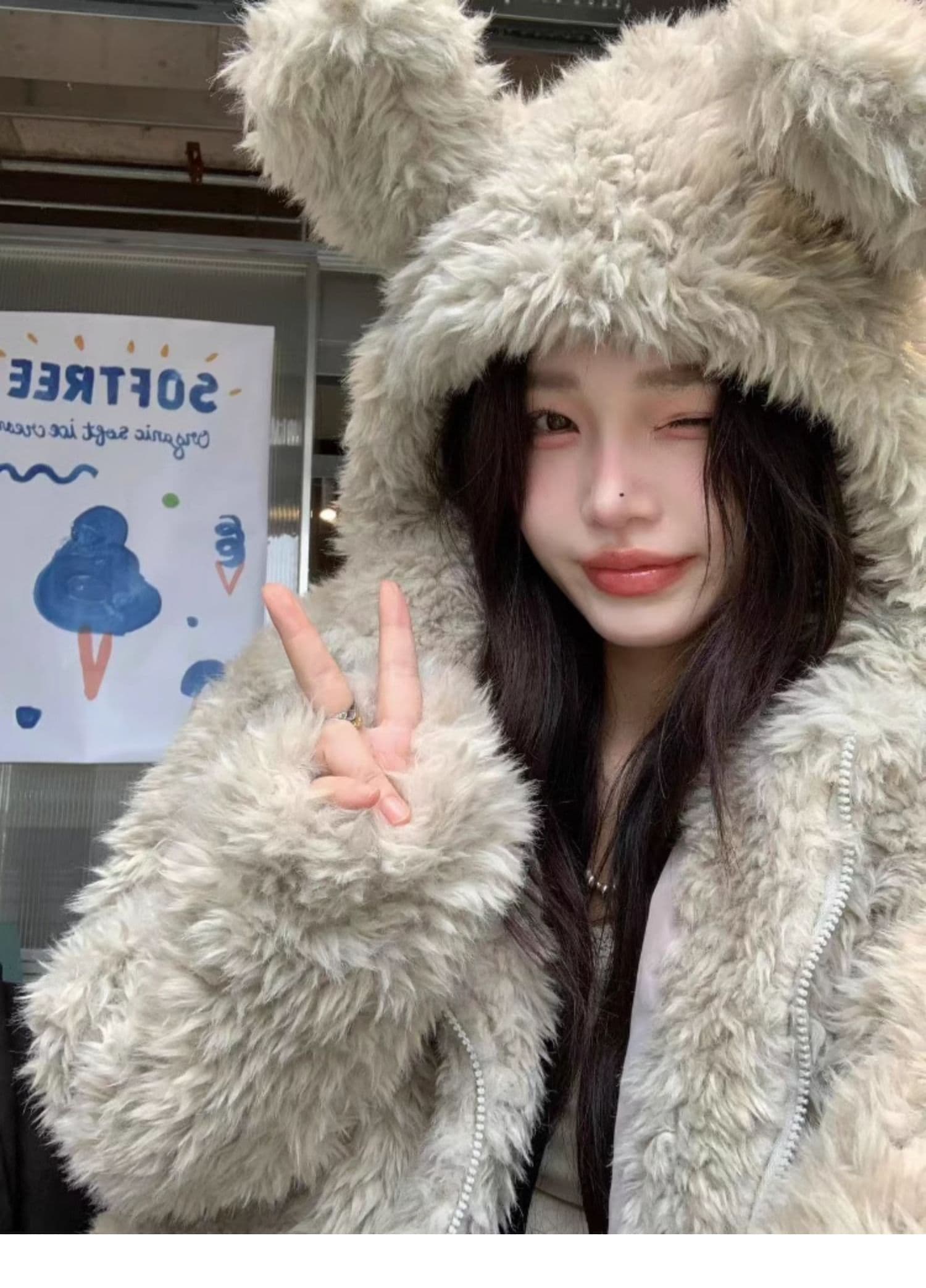가을 겨울 새로운 토끼 귀 후드 모피 재킷 여성 짧은 두꺼운 느긋한 바람 환경 보호 양털 맨위 상세 이미지 11