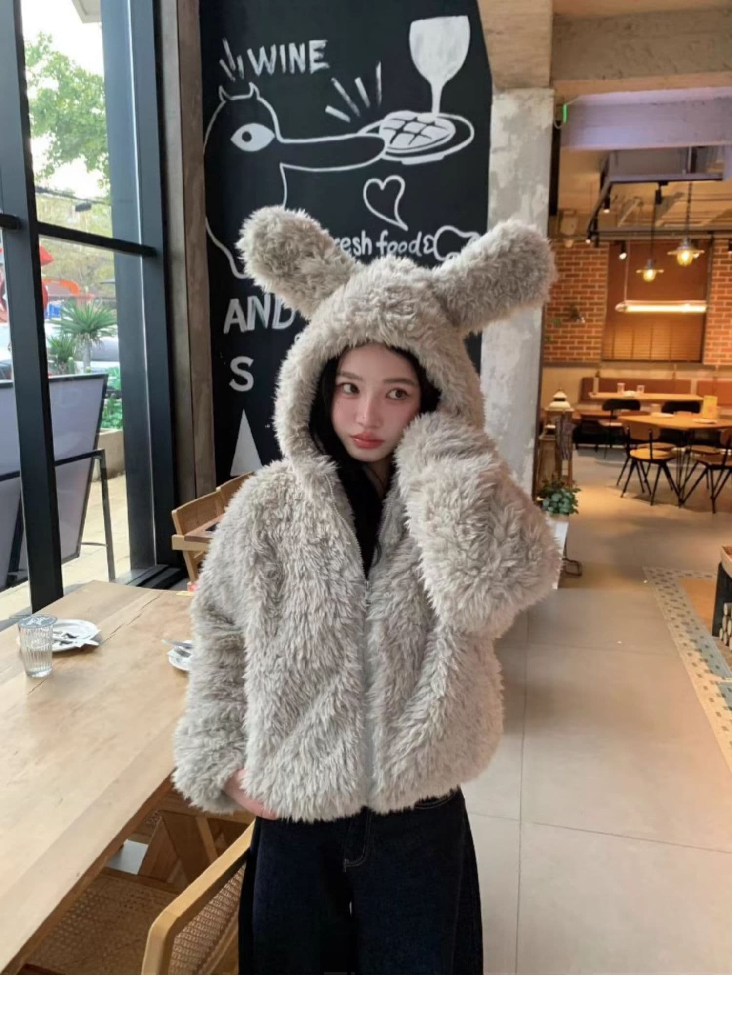 가을 겨울 새로운 토끼 귀 후드 모피 재킷 여성 짧은 두꺼운 느긋한 바람 환경 보호 양털 맨위 상세 이미지 14