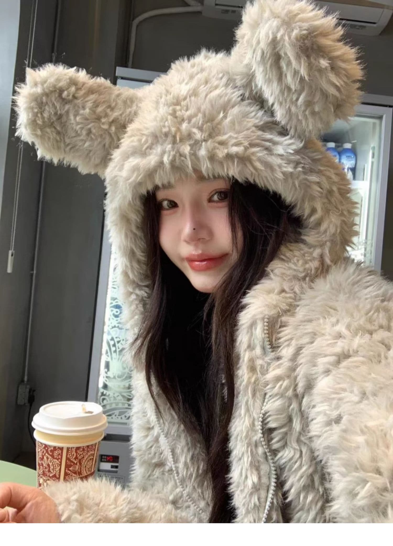 가을 겨울 새로운 토끼 귀 후드 모피 재킷 여성 짧은 두꺼운 느긋한 바람 환경 보호 양털 맨위 상세 이미지 15