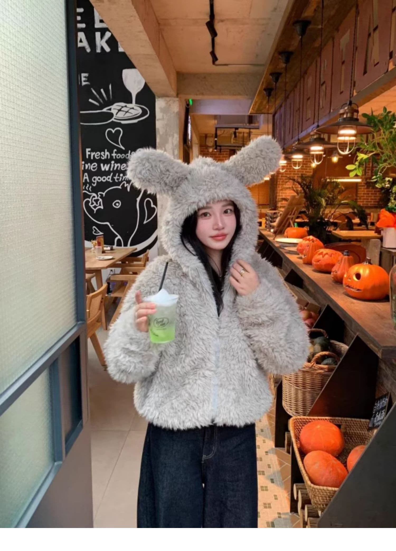 가을 겨울 새로운 토끼 귀 후드 모피 재킷 여성 짧은 두꺼운 느긋한 바람 환경 보호 양털 맨위 상세 이미지 16