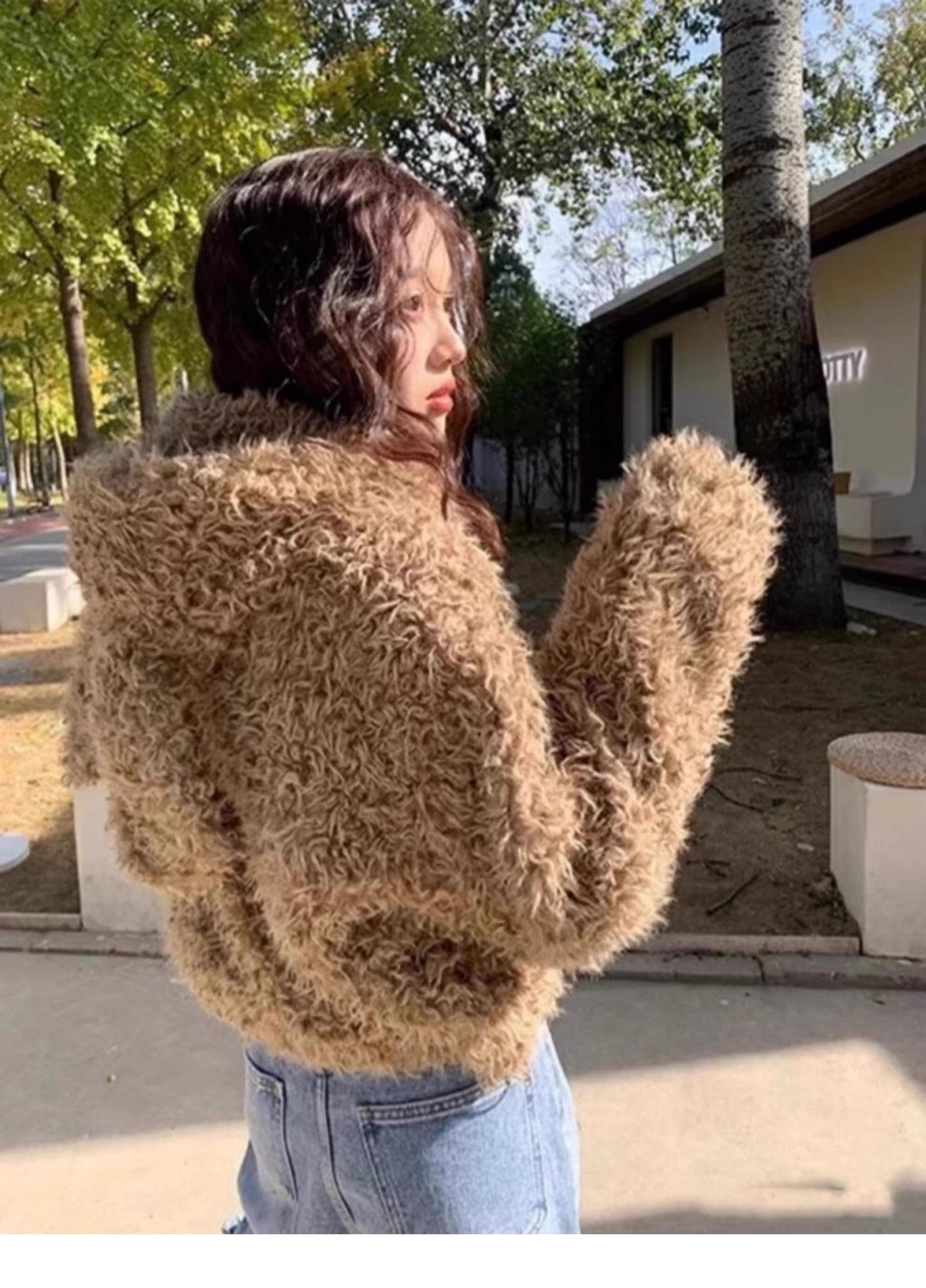 가을 겨울 새로운 토끼 귀 후드 모피 재킷 여성 짧은 두꺼운 느긋한 바람 환경 보호 양털 맨위 상세 이미지 18