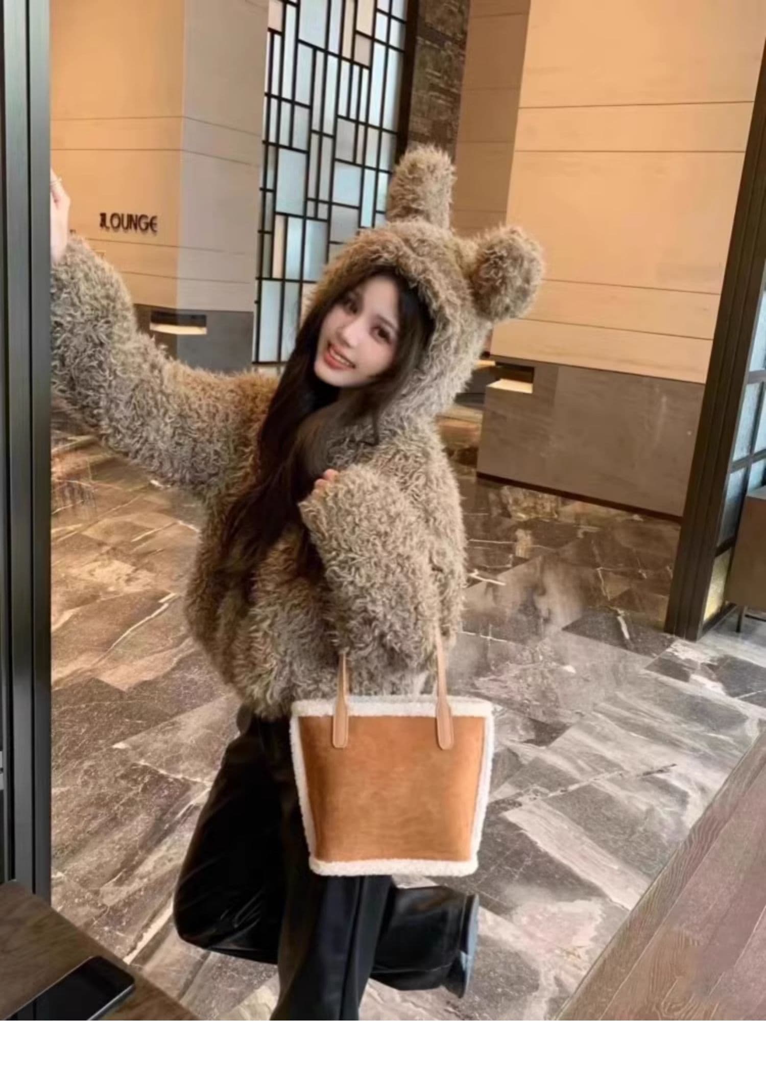 가을 겨울 새로운 토끼 귀 후드 모피 재킷 여성 짧은 두꺼운 느긋한 바람 환경 보호 양털 맨위 상세 이미지 19