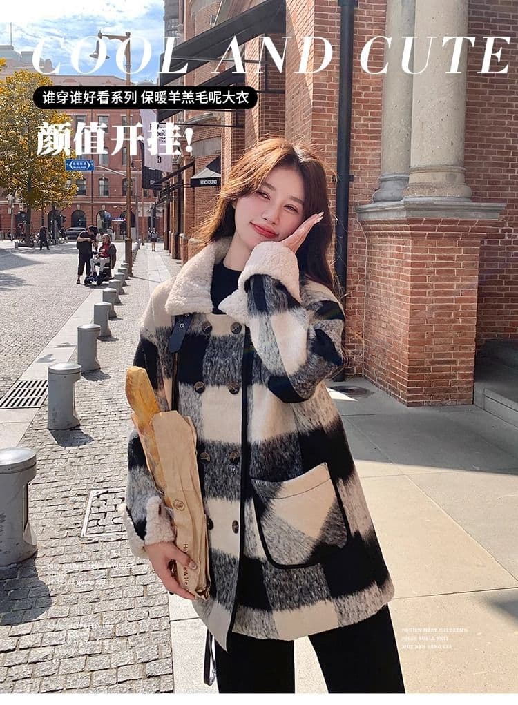 흑인과 백인 체크무늬 모직 여성 재킷 겨울 2026 년 솜을 넣은 내피 두꺼운 모직 코트 작은 키 중간 길이 상세 이미지 2