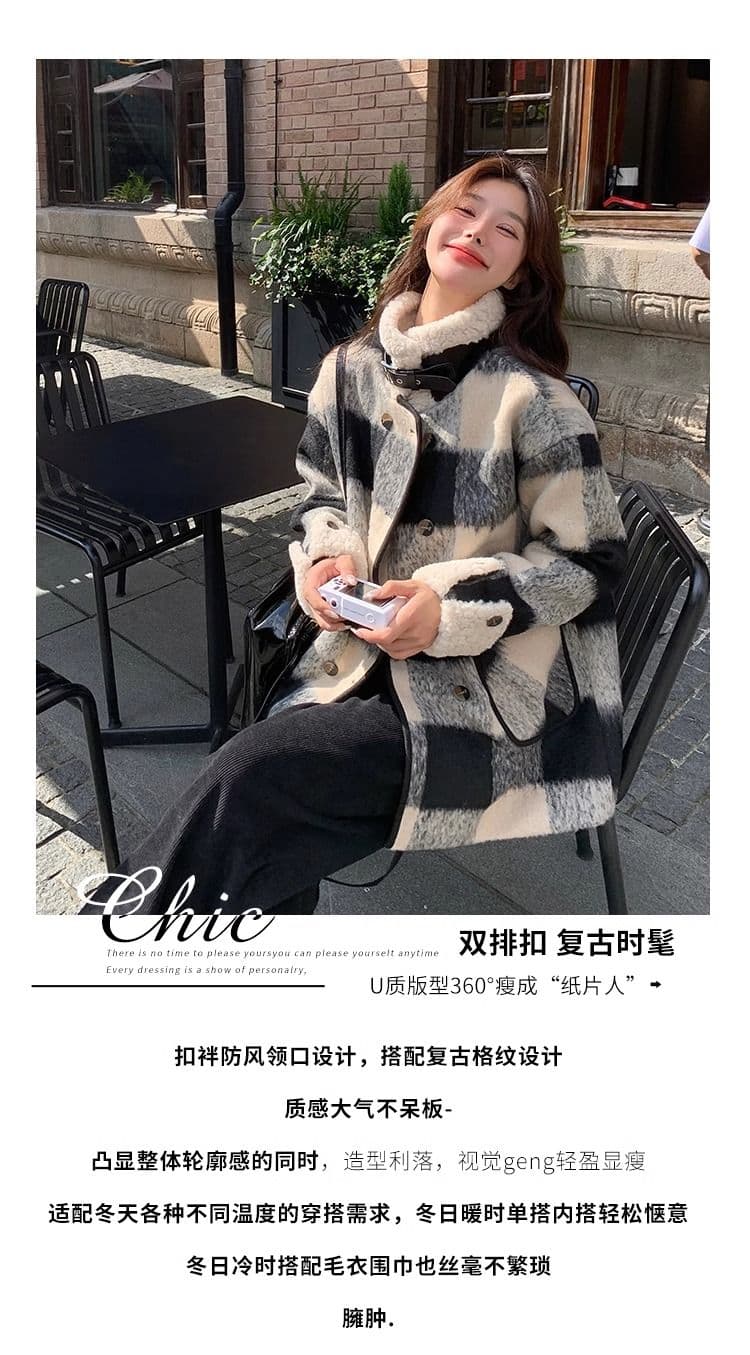 흑인과 백인 체크무늬 모직 여성 재킷 겨울 2026 년 솜을 넣은 내피 두꺼운 모직 코트 작은 키 중간 길이 상세 이미지 4