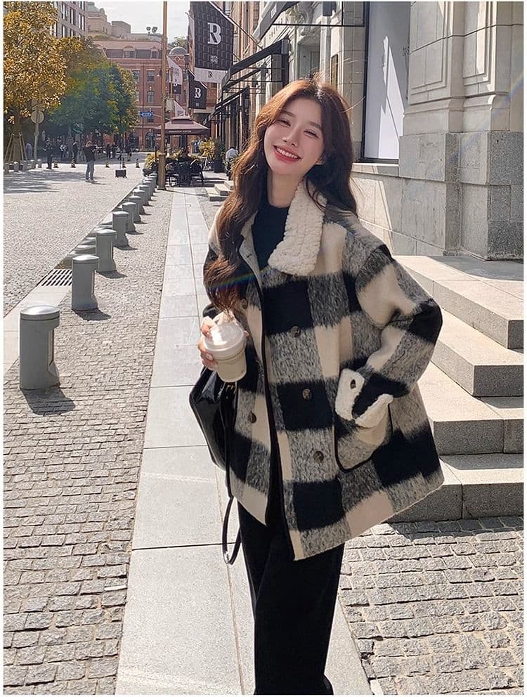 흑인과 백인 체크무늬 모직 여성 재킷 겨울 2026 년 솜을 넣은 내피 두꺼운 모직 코트 작은 키 중간 길이 상세 이미지 7