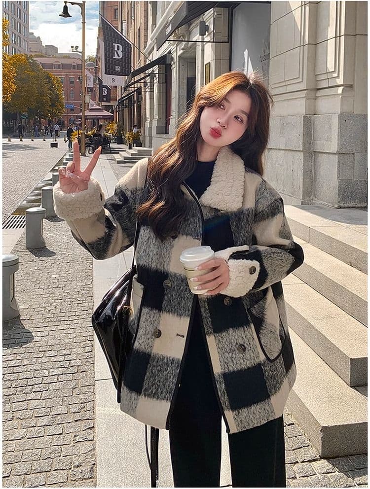흑인과 백인 체크무늬 모직 여성 재킷 겨울 2026 년 솜을 넣은 내피 두꺼운 모직 코트 작은 키 중간 길이 상세 이미지 8