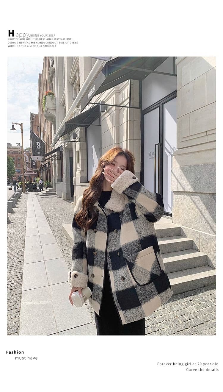 흑인과 백인 체크무늬 모직 여성 재킷 겨울 2026 년 솜을 넣은 내피 두꺼운 모직 코트 작은 키 중간 길이 상세 이미지 9