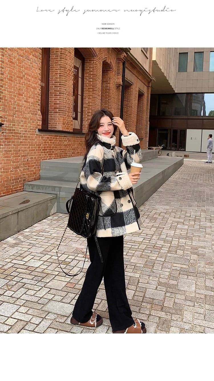 흑인과 백인 체크무늬 모직 여성 재킷 겨울 2026 년 솜을 넣은 내피 두꺼운 모직 코트 작은 키 중간 길이 상세 이미지 11