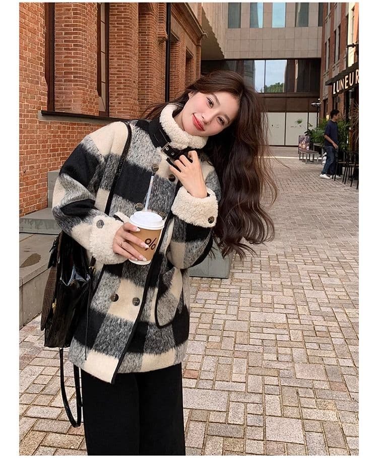 흑인과 백인 체크무늬 모직 여성 재킷 겨울 2026 년 솜을 넣은 내피 두꺼운 모직 코트 작은 키 중간 길이 상세 이미지 12
