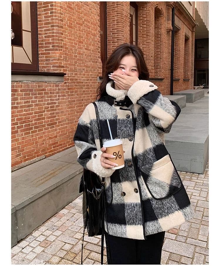 흑인과 백인 체크무늬 모직 여성 재킷 겨울 2026 년 솜을 넣은 내피 두꺼운 모직 코트 작은 키 중간 길이 상세 이미지 13