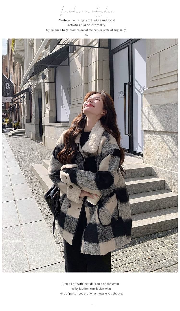 흑인과 백인 체크무늬 모직 여성 재킷 겨울 2026 년 솜을 넣은 내피 두꺼운 모직 코트 작은 키 중간 길이 상세 이미지 14