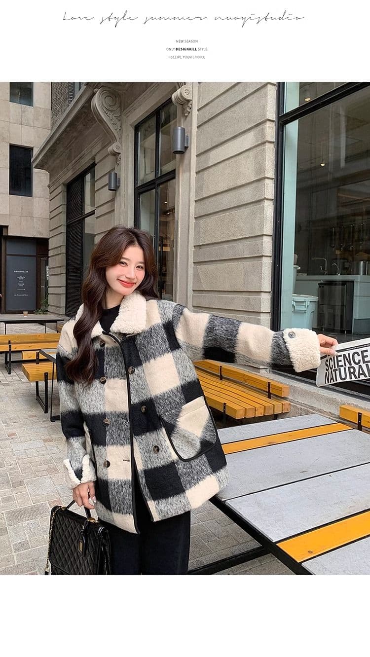흑인과 백인 체크무늬 모직 여성 재킷 겨울 2026 년 솜을 넣은 내피 두꺼운 모직 코트 작은 키 중간 길이 상세 이미지 16