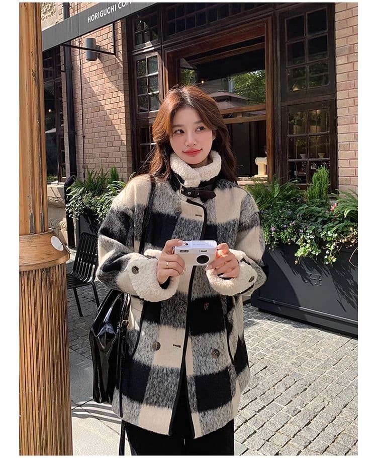 흑인과 백인 체크무늬 모직 여성 재킷 겨울 2026 년 솜을 넣은 내피 두꺼운 모직 코트 작은 키 중간 길이 상세 이미지 17