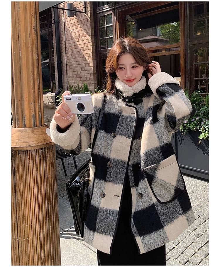흑인과 백인 체크무늬 모직 여성 재킷 겨울 2026 년 솜을 넣은 내피 두꺼운 모직 코트 작은 키 중간 길이 상세 이미지 21