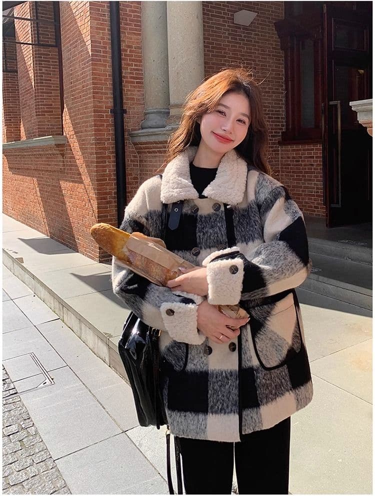 흑인과 백인 체크무늬 모직 여성 재킷 겨울 2026 년 솜을 넣은 내피 두꺼운 모직 코트 작은 키 중간 길이 상세 이미지 23